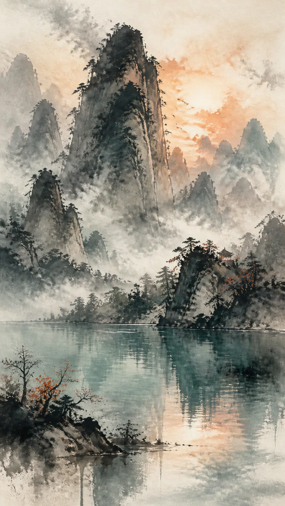 晨光中的潑墨山巒與湖面